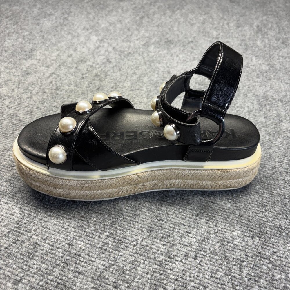 Karl Lagerfeld Womens Black Platform Espadrille Sandals Pearl Ankle Strap 7M - Picture 7 of 13